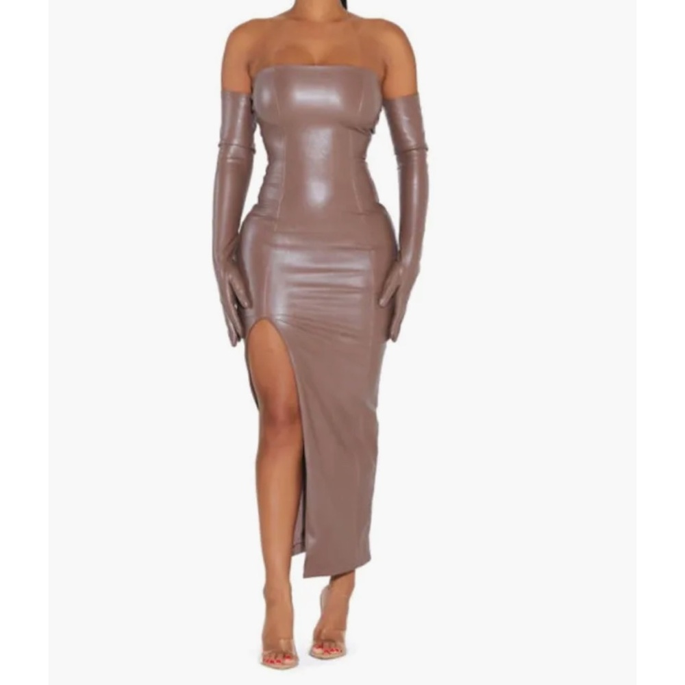 NAKED WARDROBE Faux Ever Chic Strapless Faux Leather Midi Dress